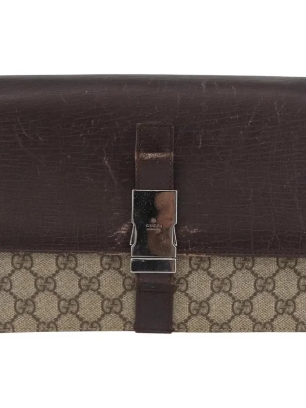 GUCCI GG Supreme Clutch Bag PVC Beige Silver 131213 Auth 173825